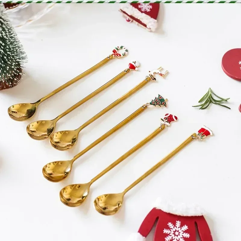 1Pc Creative Christmas Spoon with Elk Christmas Tree Pendant Stainless Steel Coffee Tea Spoon Dessert Scoop Xmas Decoration Gift