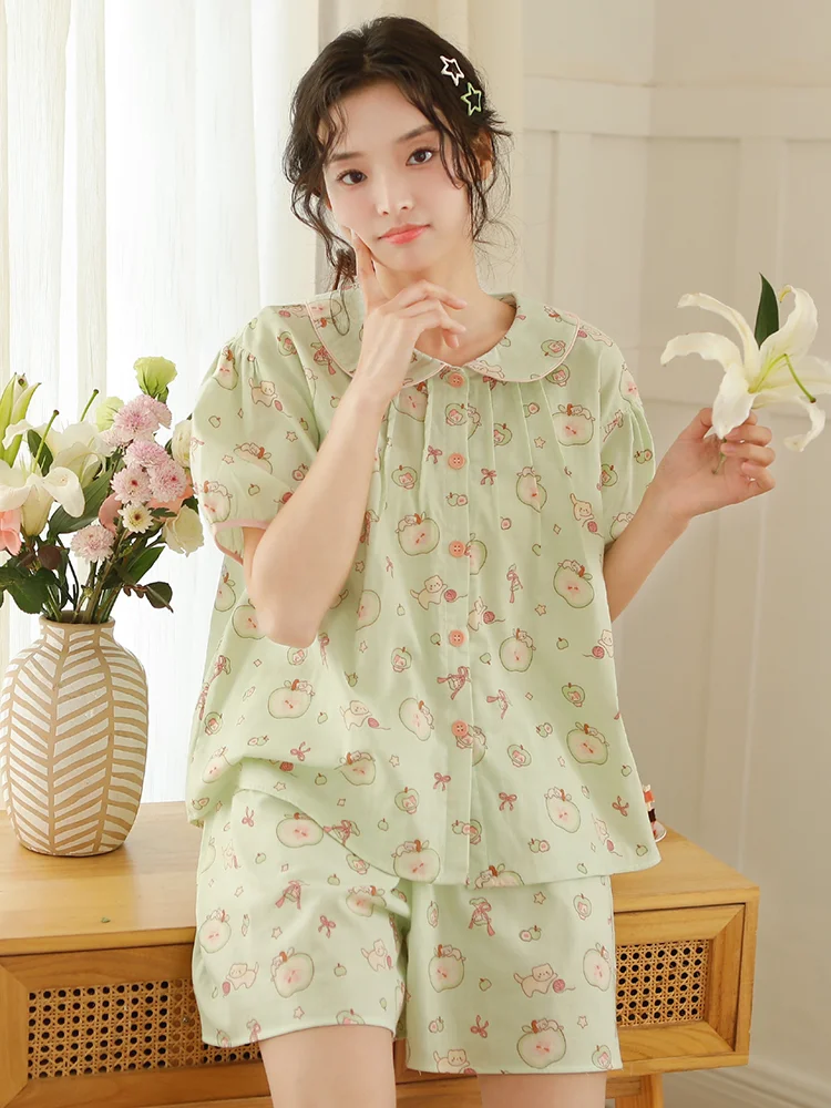 

Women pajamas pure cotton fabric short sleeved shorts set all cotton bow print over size cotton yarn summer household clothes