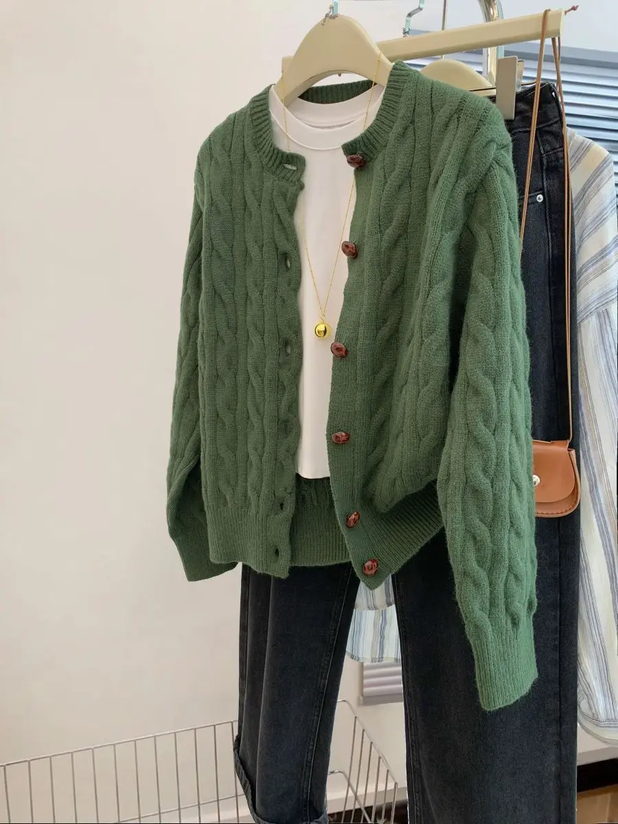 

Women's Knitted Twists Cardigan Single-breasted Long Sleeve Tops Korea Lazy Sweater Coat 2025 Autumn Casual Fashion Knitwear