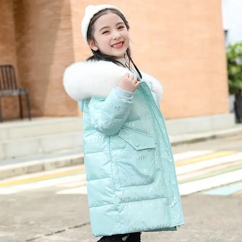 

2023 Girl Winter Down Jacket Waterproof Shiny Letter Warm Long s Outerwear Coat 5-14 Years Kids Infant Parka Snowsuit