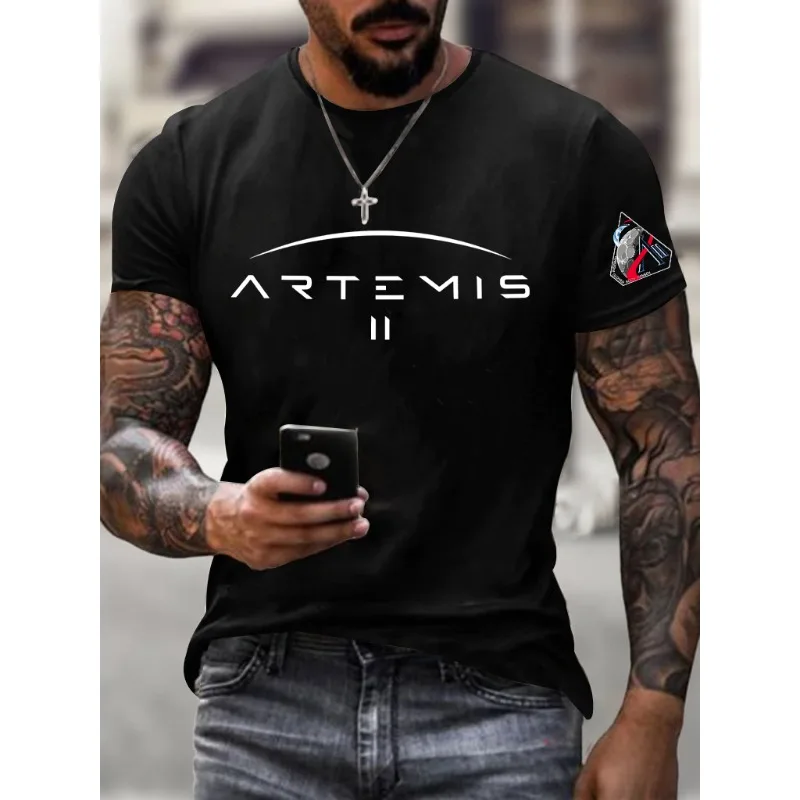 Heißer Verkauf: Artemis II Print T-Shirts für Herren – Sommerliche Kurzarm-Freizeitoberteile mit Rundhals in Schwarz