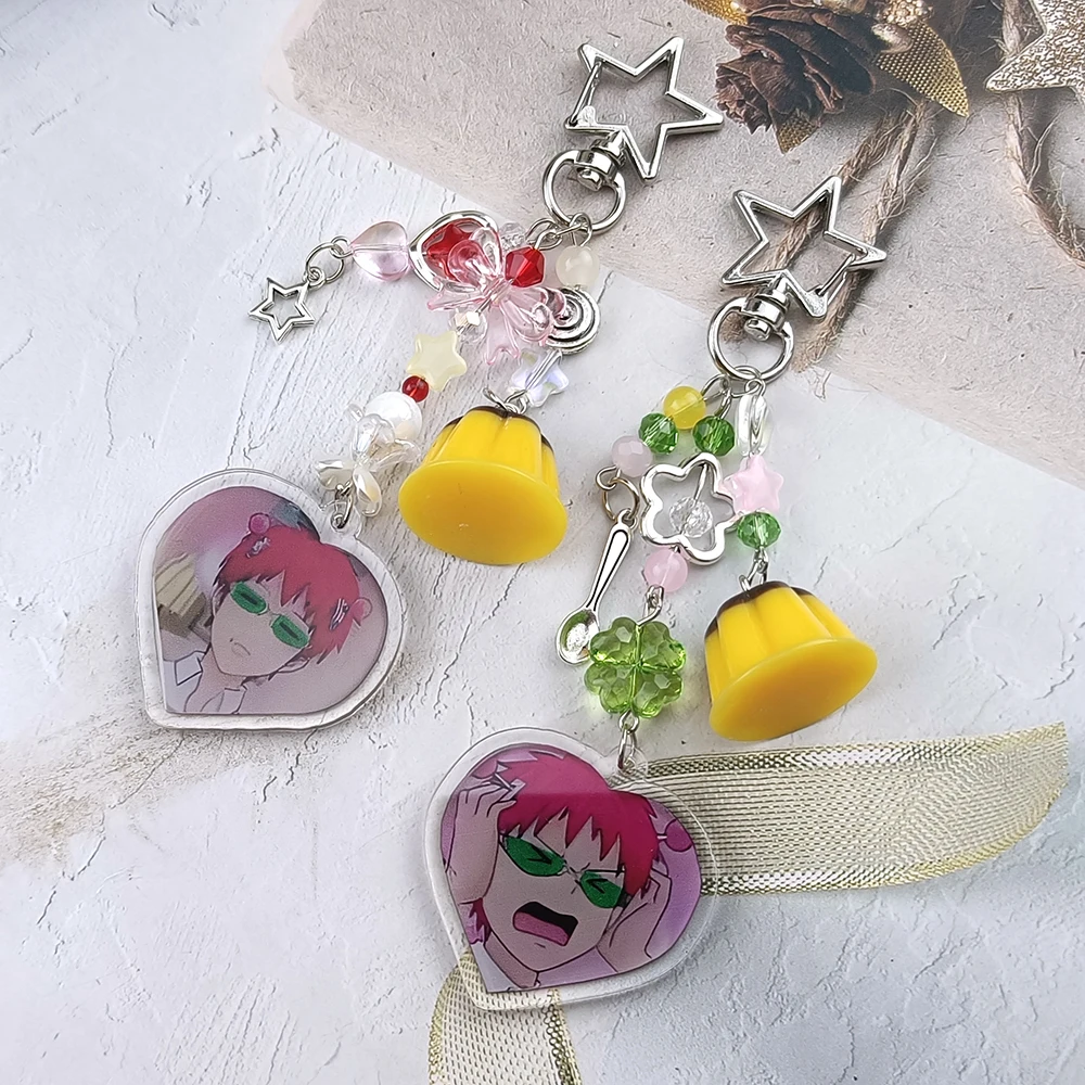 Handmade Y2K Beaded Keychain The Disastrous Life of Saiki K Saiki Kusuo Heart Acrylic Keyring Mini Pudding Pendant Cosplay Prop