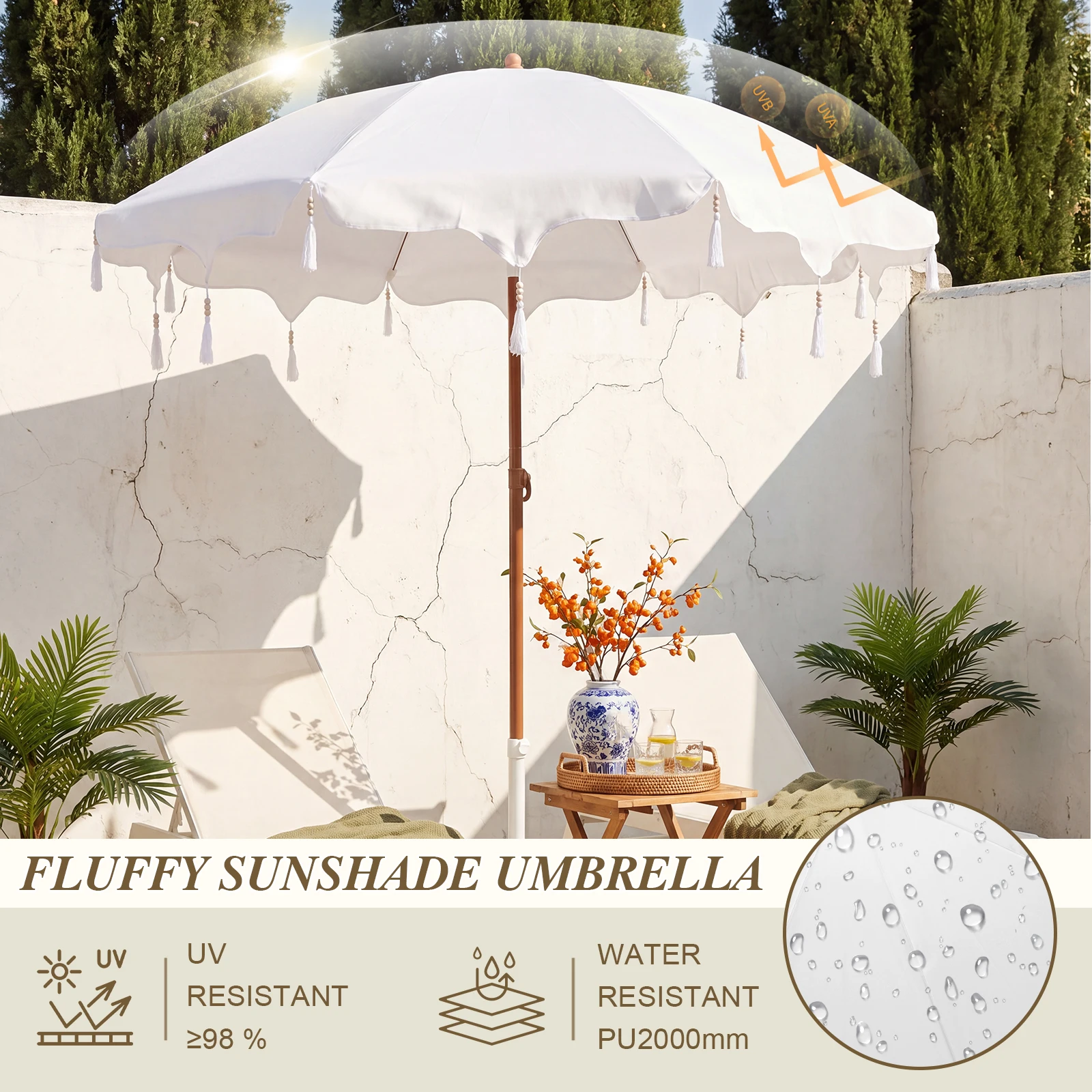 6.5ft Patio Umbrella with Fringe & Push Button Tilt Picnic Umbrella UPF 50+ Sun Shade Umbrella for Outdoor Garden Lawn Pool Yard