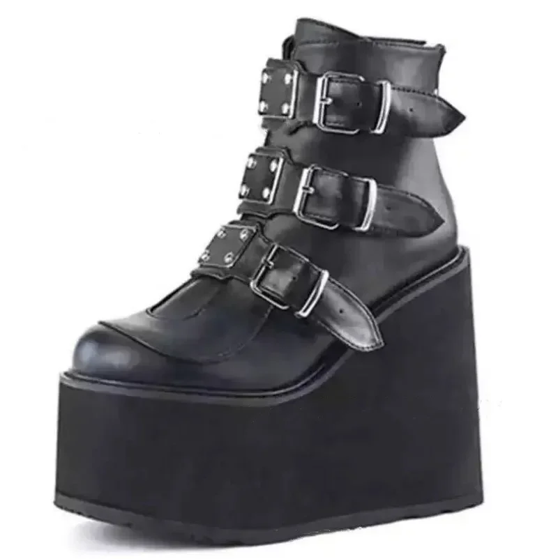 8CM High Boots Buckle WOMEN Ankel Boots Punk Female Platform Boots Wedges Metal Shoes for Women Designer Gothic Women\'s Boot