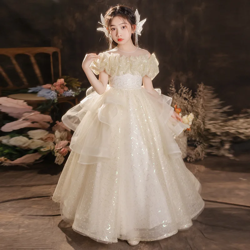 

Boutique Children Wedding Party Sequin Dresses Little Girl Luxury Spring Summer Princess Dress Birthday Holiday Evening Frocks