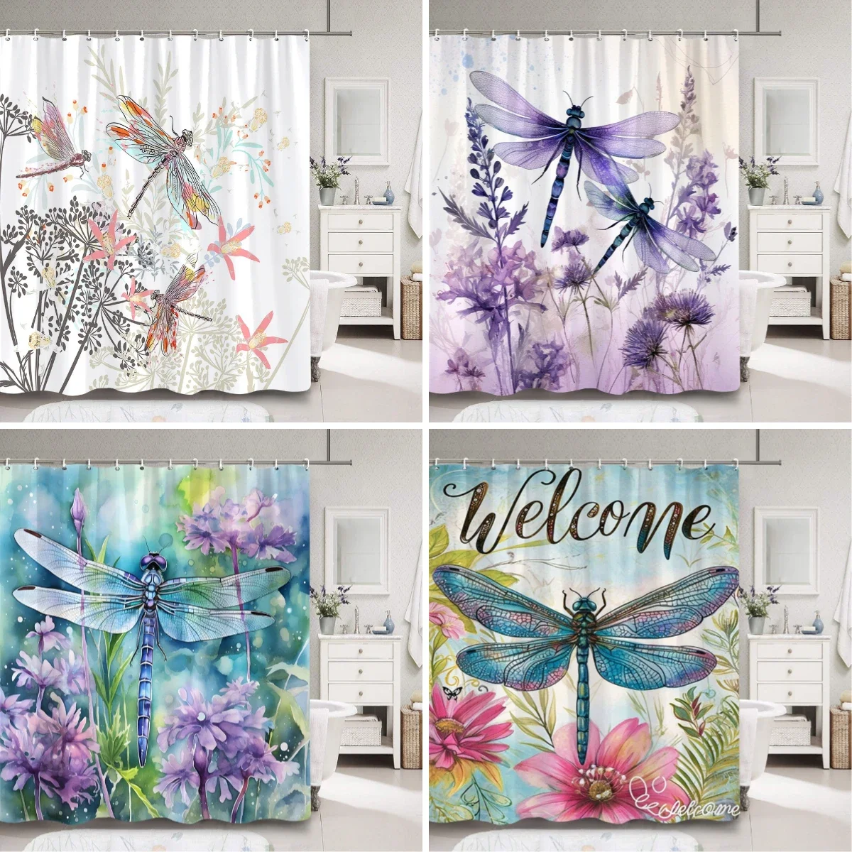 

Dragonfly Watercolour Shower Curtain Dandelion Lavender Flower Polyester Fabric Home Art Bath Curtains Bathroom Decor with Hooks
