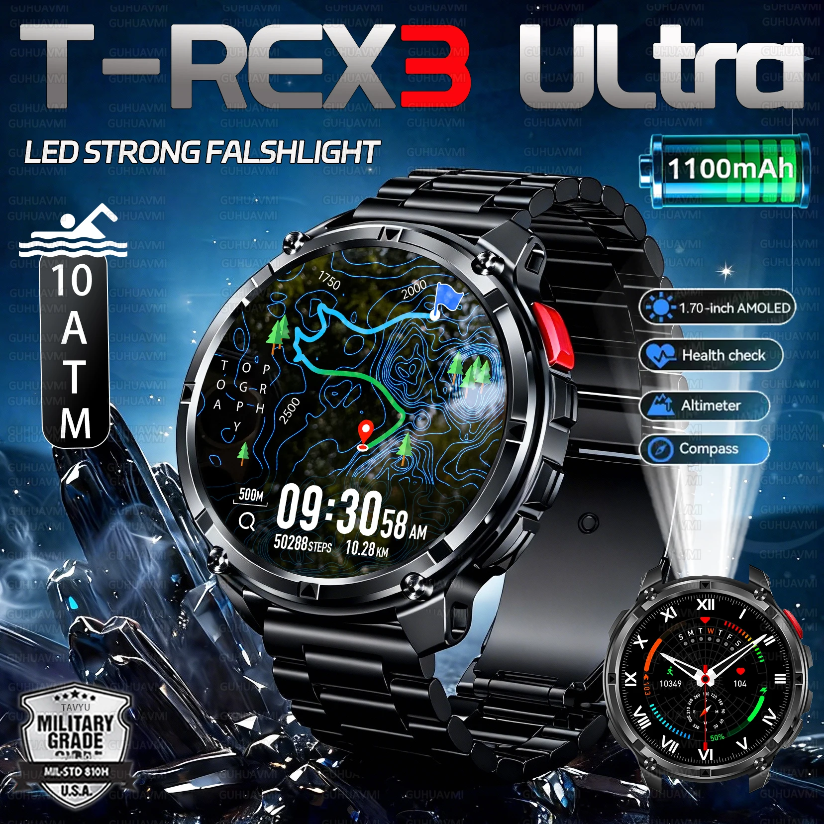

2026 New T-REX3 1100mAh Battery SmartWatch 10ATM Waterproof Compass Altitude HD Bluetooth call Sports Flashlight Smart Watch Men