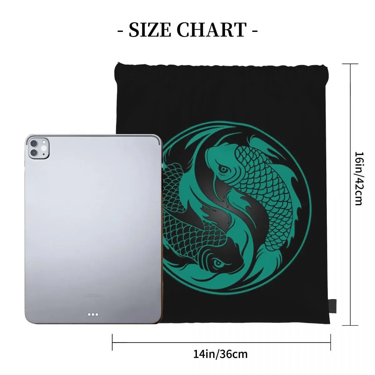 Teal Blue And Black Yin Yang Koi Fish Backpacks Drawstring Bags Drawstring Bundle Pocket Sports Bag BookBag For Travel School