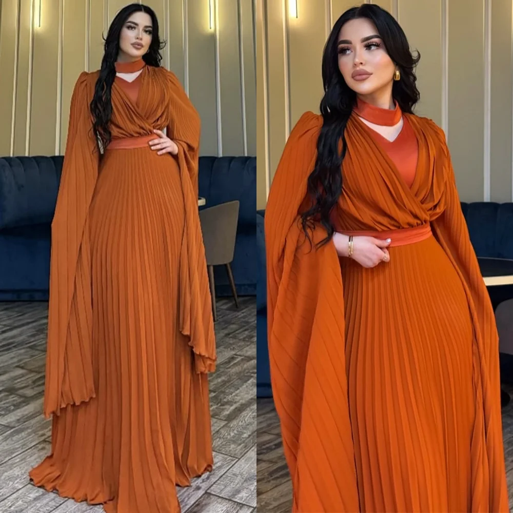 

Customized Romantic Chiffon Evening Dress Exquisite V-Neck Long Sleeves Celebrity Gowns Fashion Sweep Train Vestido De Festa