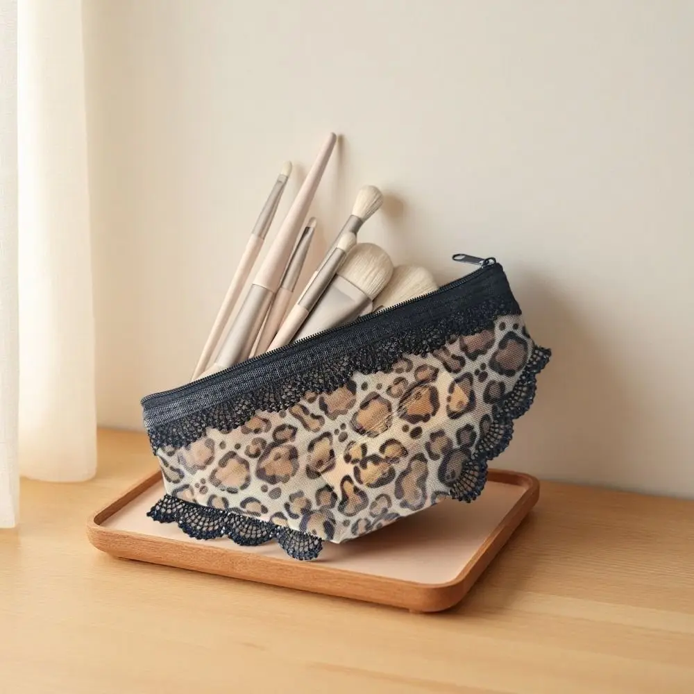 Leopard Print Panties Shaped Makeup Pouch Lace Trimmed Zippered Mesh Cosmetic Bag Lightweight Portable Storage Pouch Daily Use