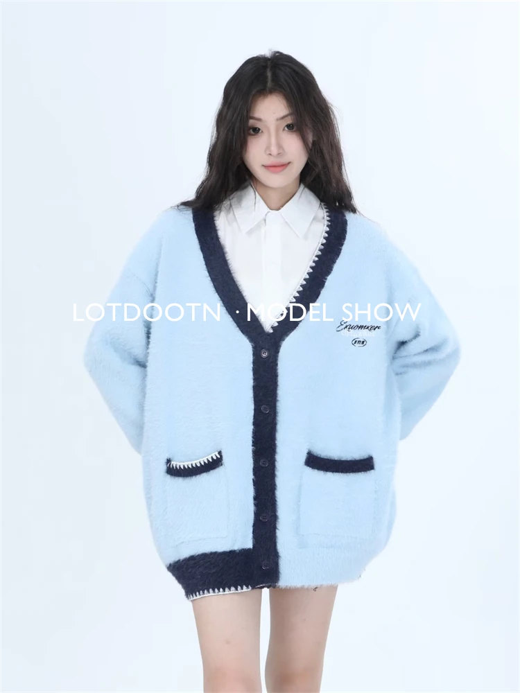 LOTDOOTN Striped Loose Cardigan Women Y2K Vintage Winter Single Breasted Sweaters Streetwear Casual Korean Female Knitted Coats