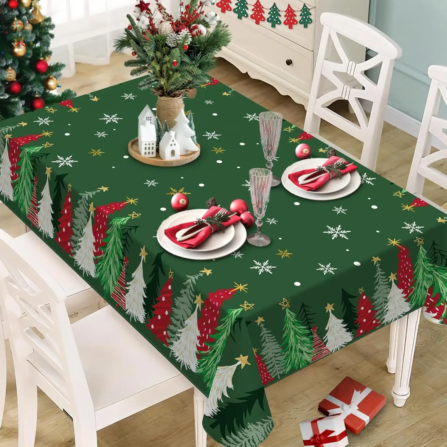 شجرة عيد الميلاد مفرش المائدة الأخضر لديكور الطاولة الشتاء عيد الميلاد أشجار الصنوبر الثلج مستطيل مفرش طاولة زينة عيد الميلاد #1