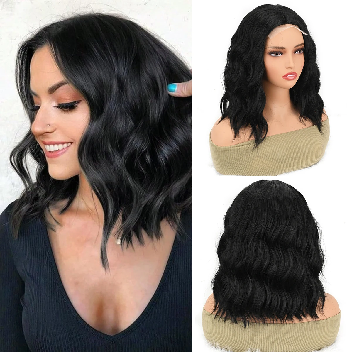 

Короткий волнистый парик для женщин, кружевная линия волос, синтетический термостойкий стиль боб - естественный внешний вид для повседневной прически, 14 дюймов