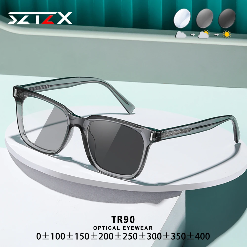 

SZTZX Fashion Square Photochromic Anti Blue Light Frame Myopia Prescription Customization Eyewear Reading Glasses for Women Men