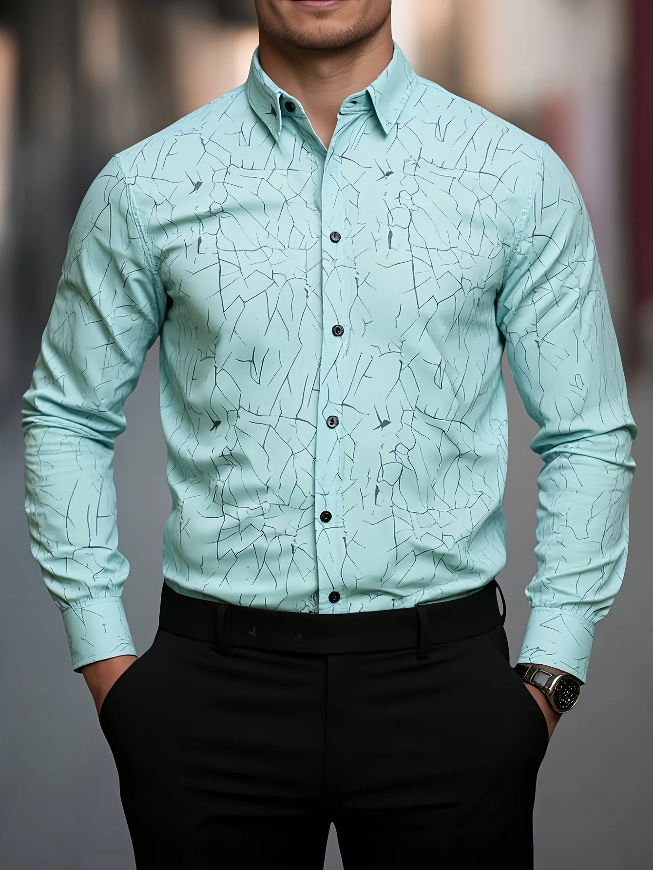 Men Long Sleeve Button Down Shirt Mint Green Abstract Crack Line Print Polyester Lapel Collar Business Casual