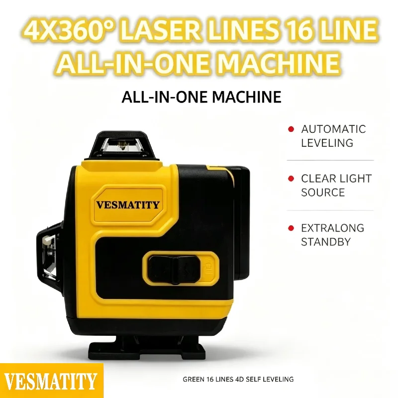 Vesmatity SPY001 16 Line 4D Green Laser Level 4x360 Self Leveling All in One Wall Mounted Tool for Construction Max Pro