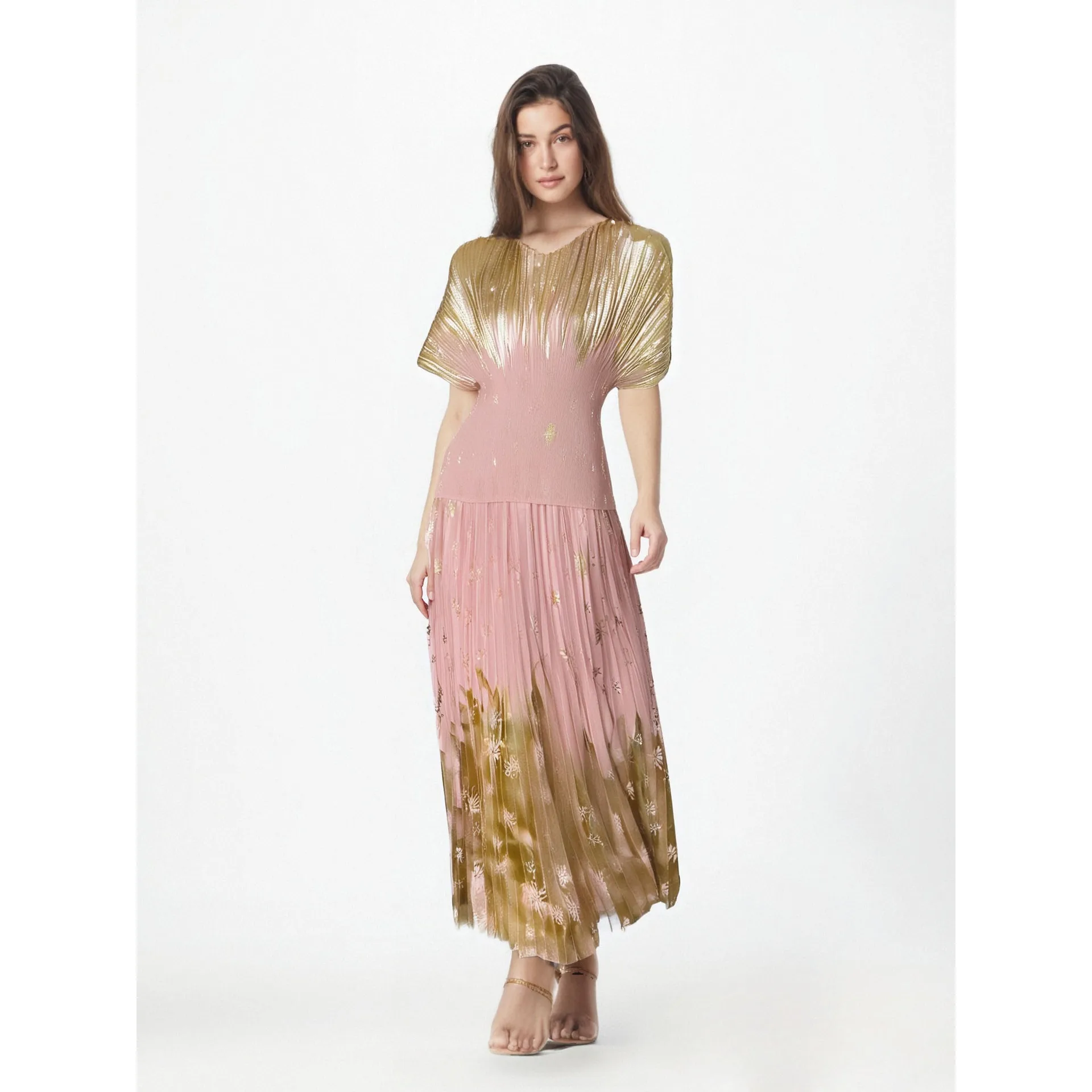 

Miyakaya Style Pleated Skirt Set 2025 New Gold Hot Hot V-neck Short Sleeve Top + Wide Leg Straight Pants Two-piece Set