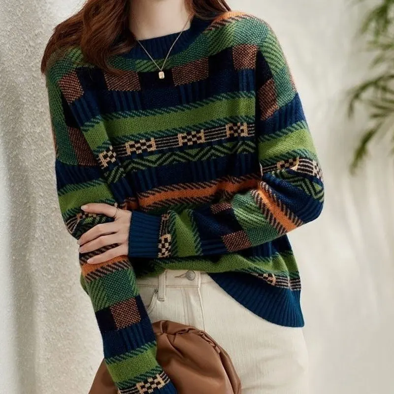 Women\'s Clothing Autumn Winter Vintage Striped Sweaters Fashion Contrasting Colors Korean Loose O-Neck Casual Knitted Jumpers