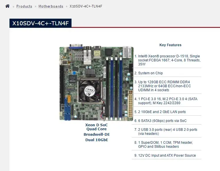 X10SDV-4C+-TLN4F for Supermicro Motherboard Xeon processor D-1518,4-Core, 8 Threads,DDR4 2133MHz,2 10GbE and 2 GbE LAN ports