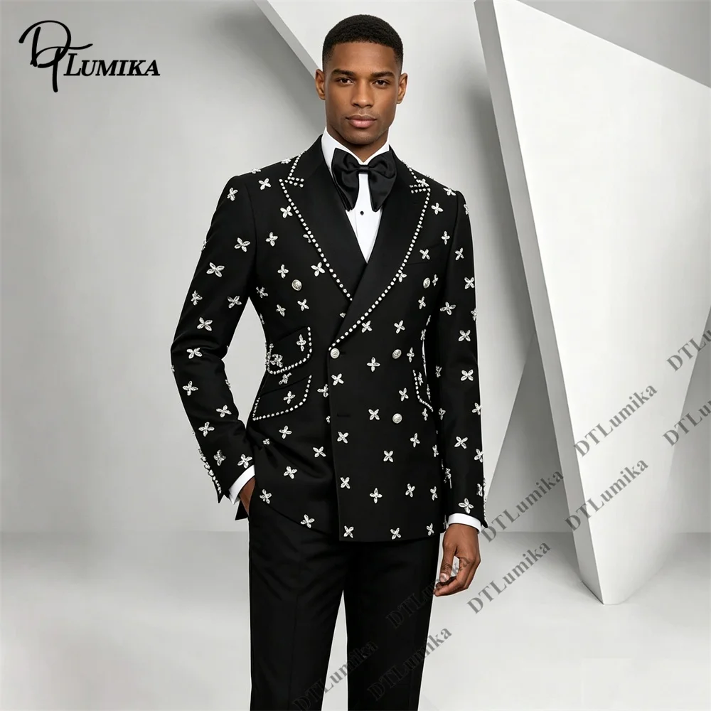 Luxurious 2 Piece Beaded Suit Men XXS-7XL Tailored Custom Party Prom Tuxedo Crystals Handsewn Rhinestone Trim Red Carpet Suit