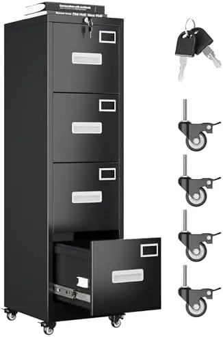 4 Drawer File Cabinet with Lock and Wheels, Metal Vertical Filing Cabinet with Anti-Tilt Interlock System for Home