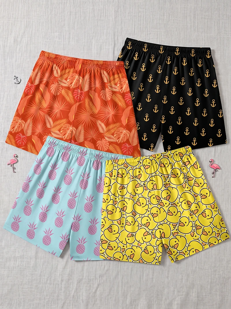 4 Piece Set Men's All Over Print Beach Shorts with Compression Liner Casual Funny Board Shorts with Phone Pocket and Side Pocket