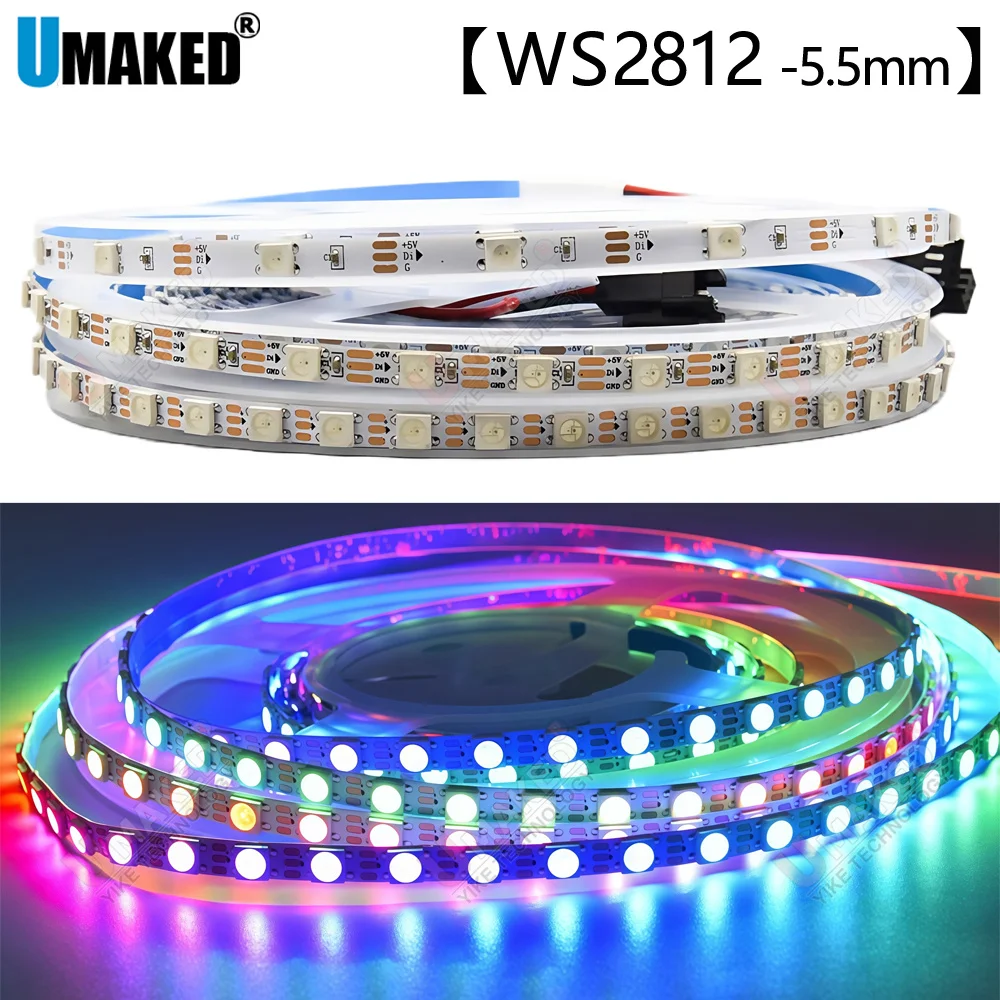 5m DC5V/12V 5.5mm width WS2812 Individually Addressable 5050 RGB Led Strip 60/90leds 2812 Smart Pixels Led Light White PCB  IP30