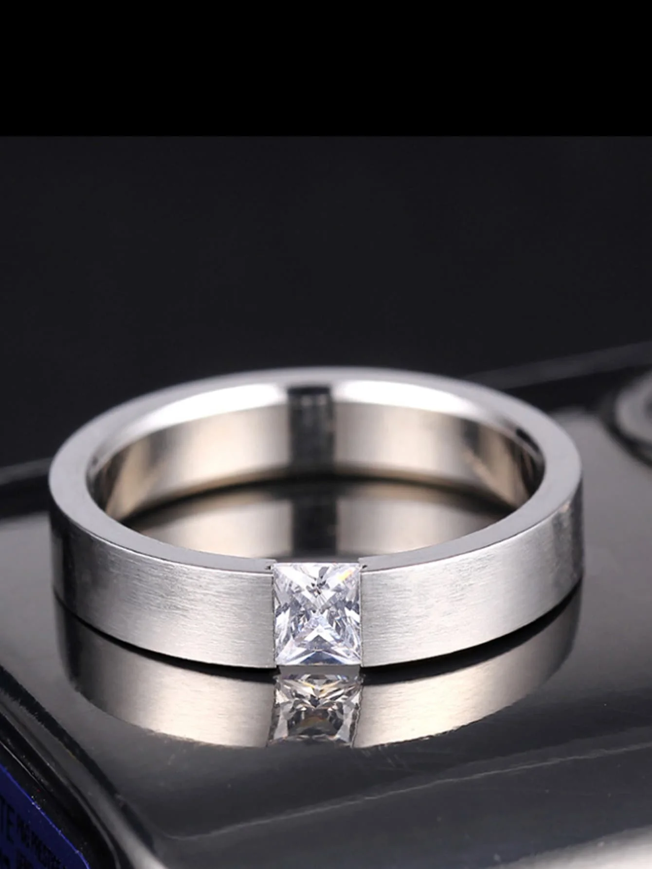 

Brushed Titanium Steel Ring with Square Cubic Zirconia Stone