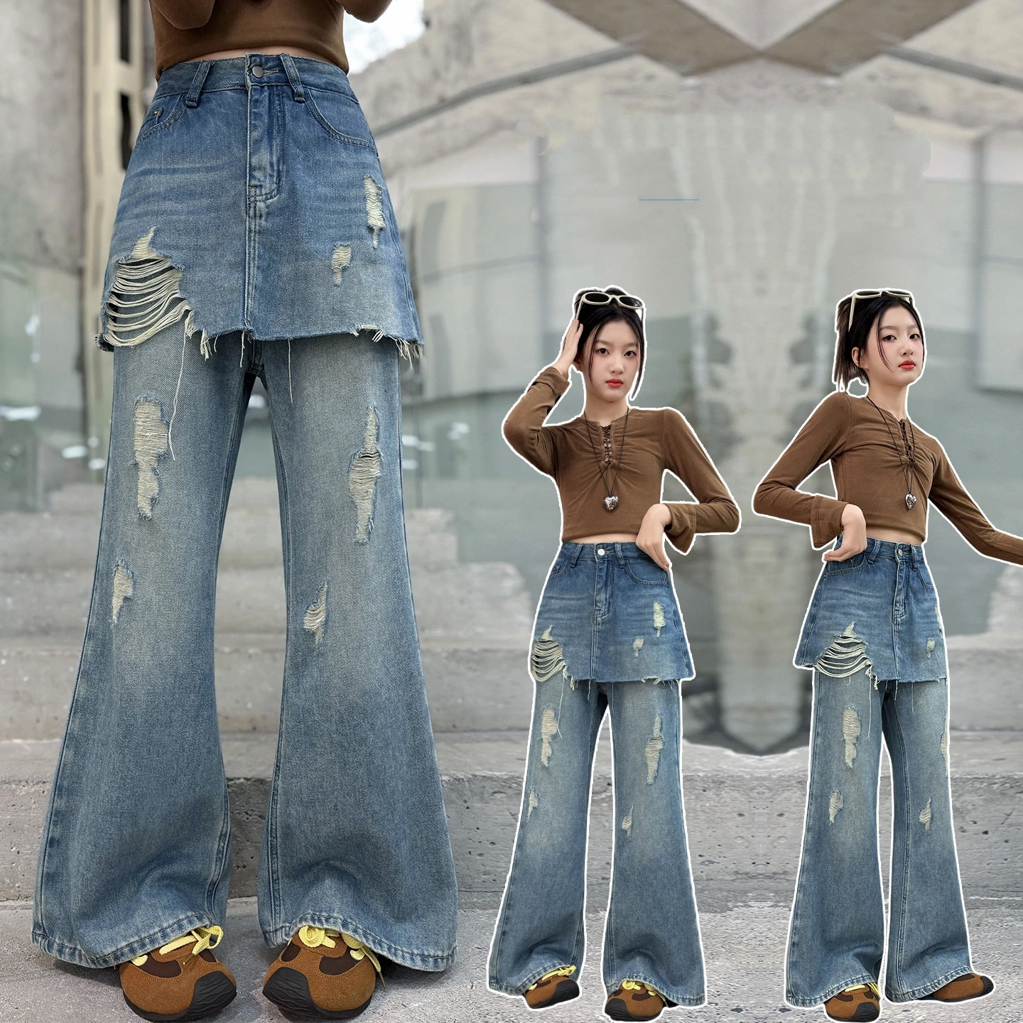Teen Girls Fashion Ripped Hole Bootcut Denim Pants with Fart Curtain Children New Spring Flared Jeans for Kids Casual Trousers