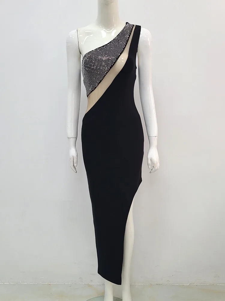 Femmes brillant strass une épaule maille transparente voir à travers longue robe Maxi noire de luxe soirée robes d'invité de mariage