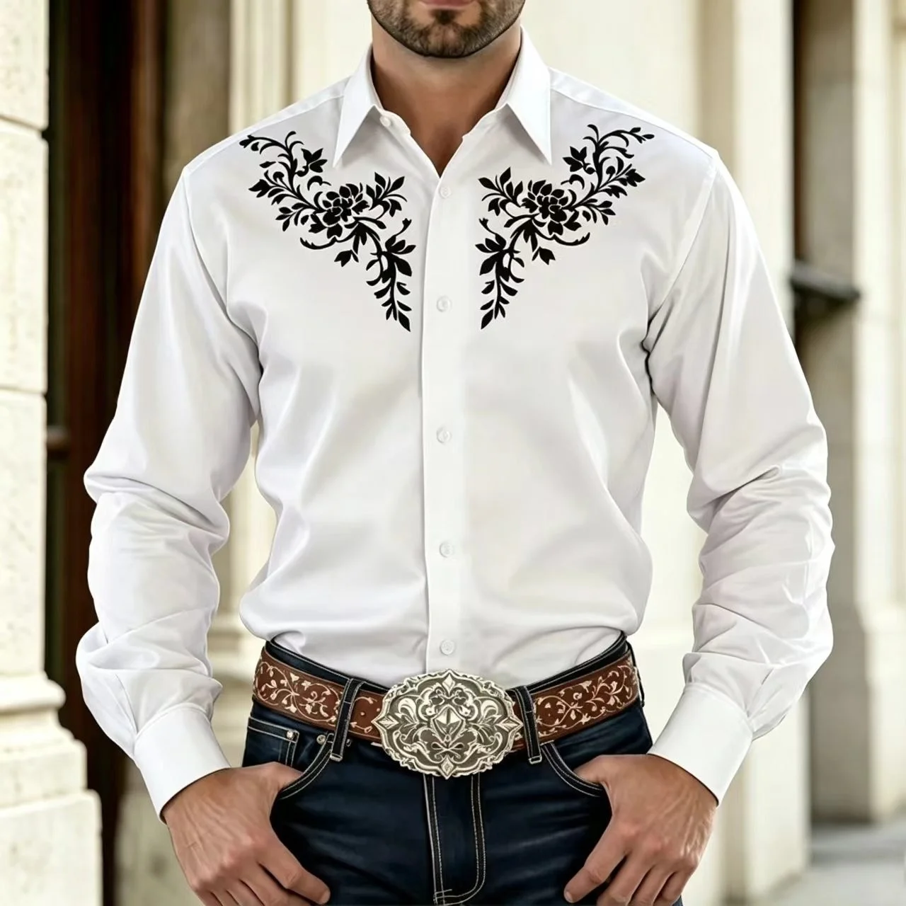 Men's Western Style Denim Printed Long Sleeved Shirt  2027 New Collection  Comfortable  Casual And Fashionable