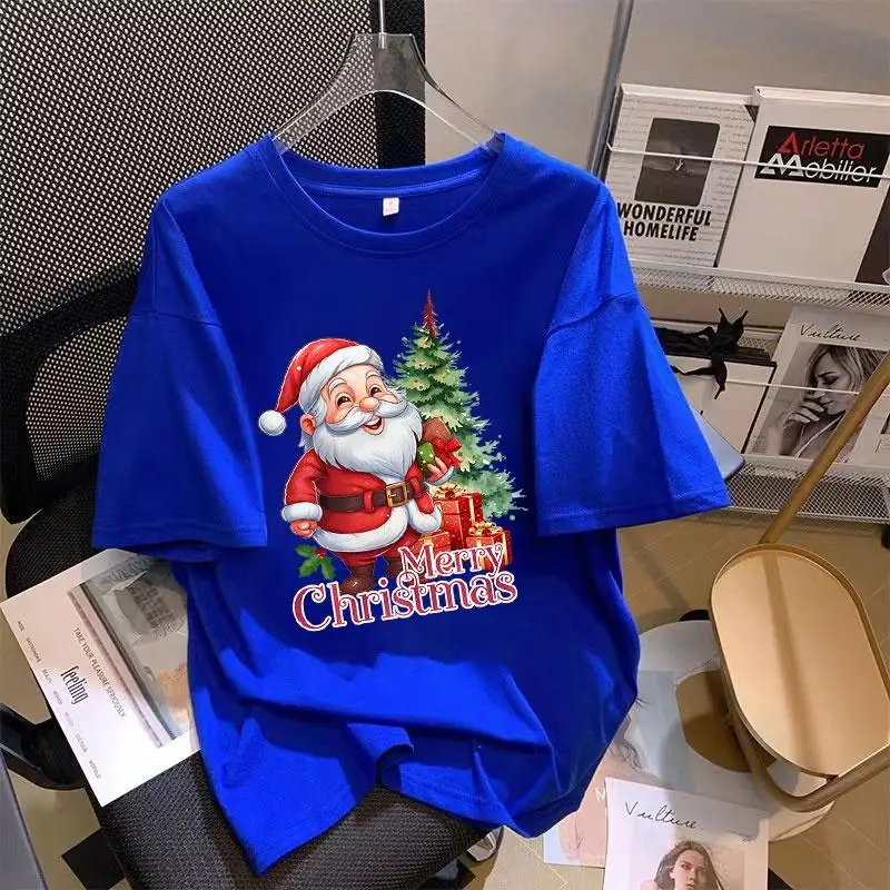 New Year Christmas Loose Short Sleeved Men's and Women's Casual T-shirt Summer Parent-child Round Neck Short Sleeved Shirt