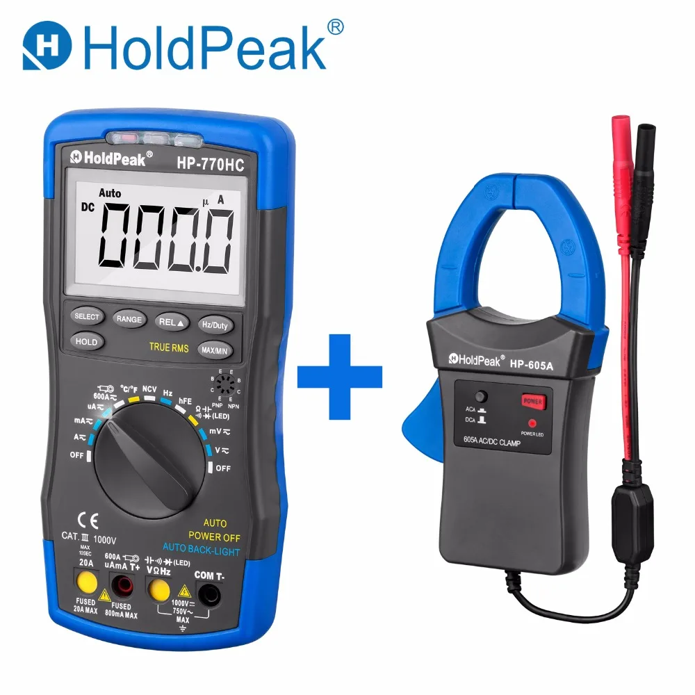 

HoldPeak HP-770HC True RMS Autoranging Probe Digital Multimeter With NCV+HP-605A Clamp Adapter 600A AC/DC Current Power LED 45mm