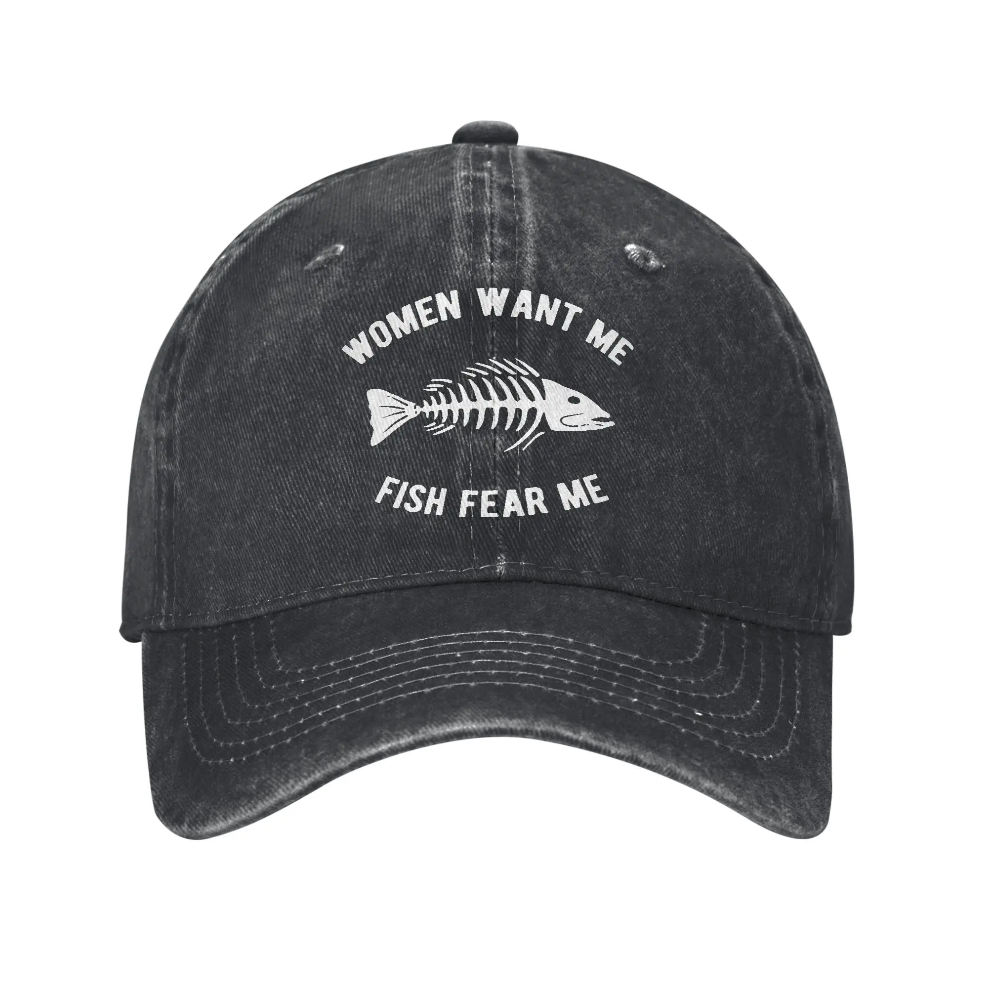 Women Want Me Fish Fear Me Baseball Caps Vintage Distressed Denim Fishes Bone Snapback Cap Unisex Style Outdoor Fit Caps Hat