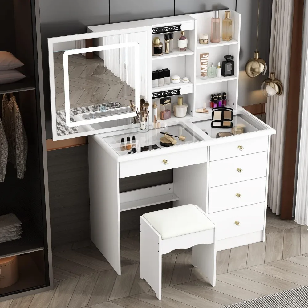 

Vanity Desk Set Makeup Table with Large Sliding Lighted Mirror & Glass Top,Storage Shelves & Stool for Bedroom, White dresser