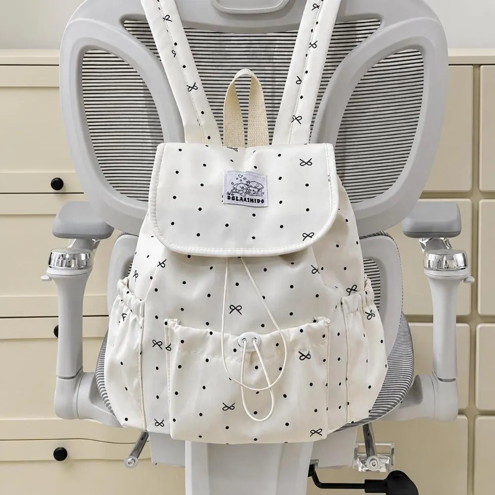 Sweet Drawstring Polka Dot Backpack Large Capacity Bowknot Double Shoulder Bag Nylon Ultra Light Commuting Backpack Travel