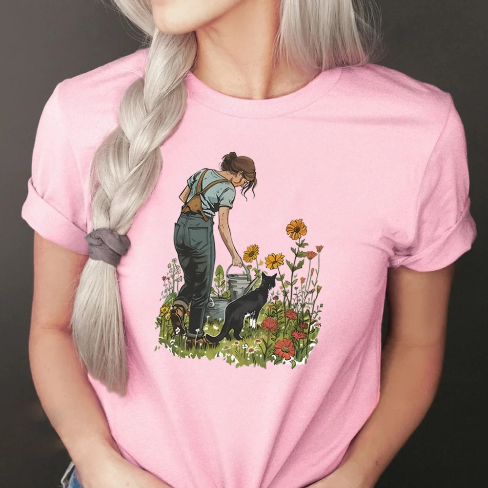 Gardening and Cat Tee Tshirt Wildflower Sunflower Cottagecore Botanical for Garden Printed Clothing Graphic Tees Cat Lovers Gift