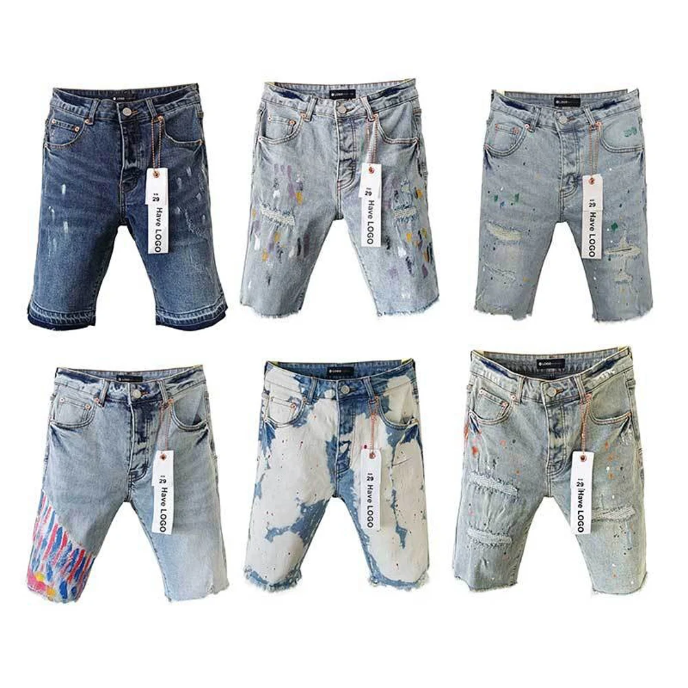 Men High Street Hole Distressed Denim Shorts Streetwear Hip Hop Painting Graffiti Jeans Short Pants