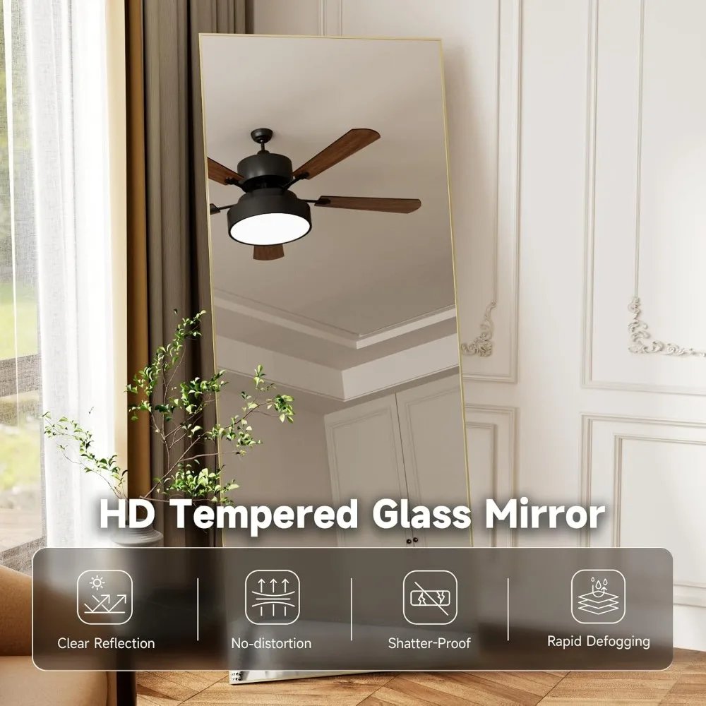 Espelho de chão retangular de vidro temperado dourado - Espelhos de estrutura de alumínio montados na parede de comprimento total 69x24 para quarto