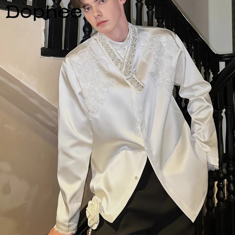 

Men's 2025 Autumn New Beaded Satin Shirts Men's Stand Collar Embroidered Shining Chic Shirts Masculinity Long Sleeve Trendy Tops