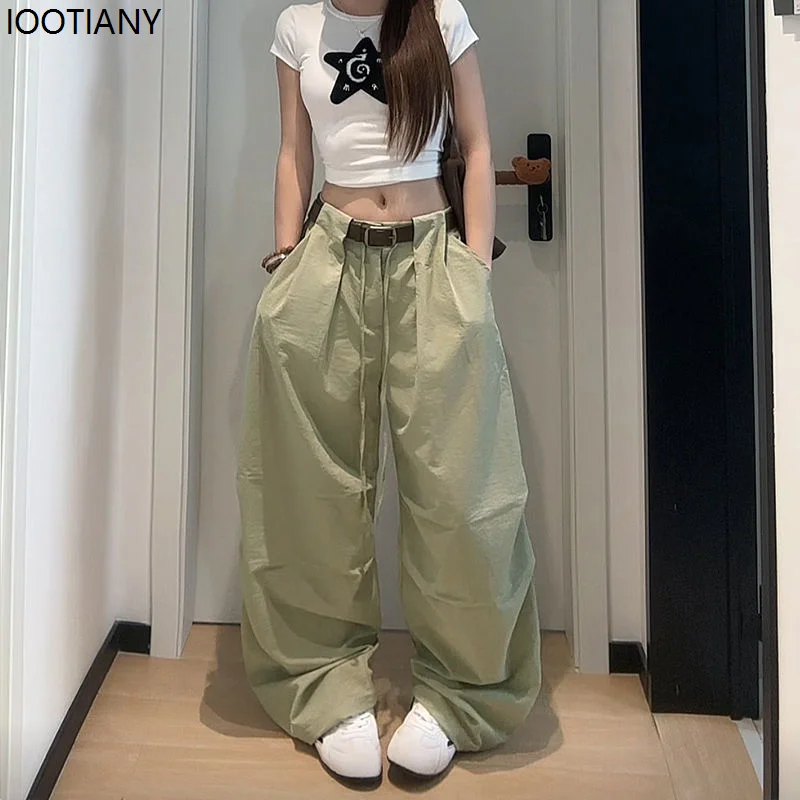 White Basic Wide-leg Pants Women's Solid Color Korean Style Fashion Parachute Pants Loose Lace Summer Hip-hop Scissor Pants 2025