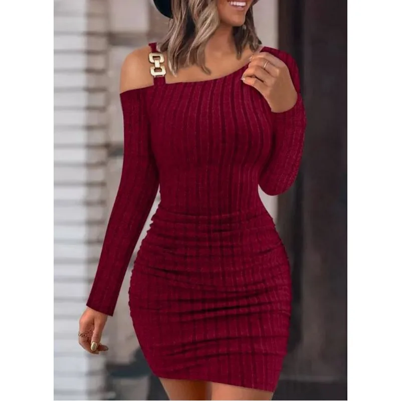 

2024 Women New Solid Color Off-the-shoulder Diagonal Neck Tight Bag Hip Fashion Slim Sexy Autumn Winter Warm Long-sleeved Dress