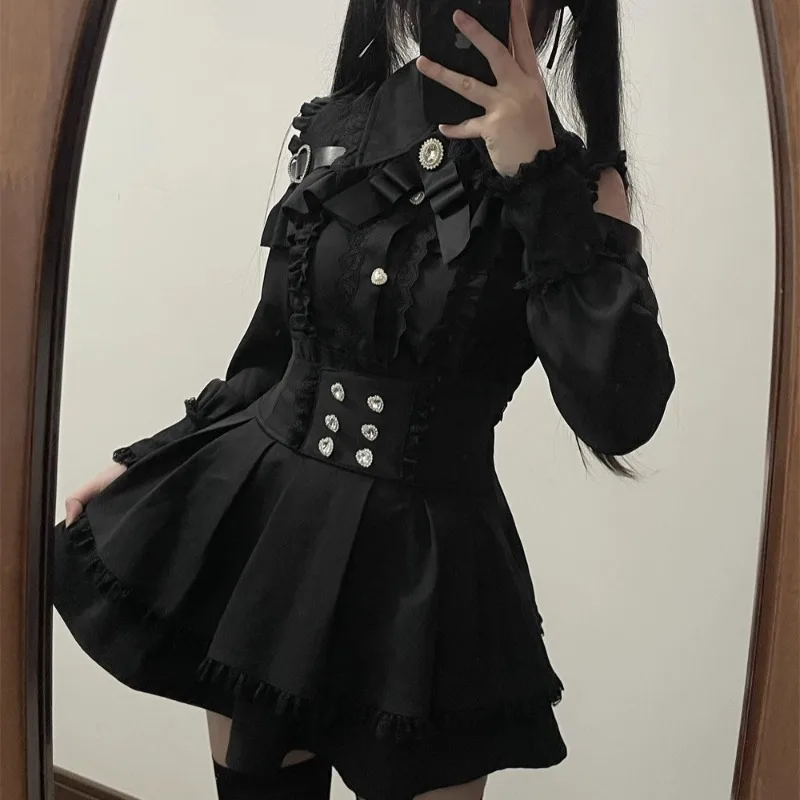 Autumn New Sweetheart Girl Off-shoulder Shirt High-waisted Skirt Two-piece Suit