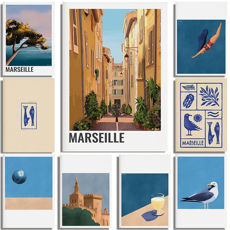 Marseille Nature Poster Birds Prints Boat Paddle Picard Gabian Seagull Diving Canvas Painting Wall Art Pictures Home Room Dec