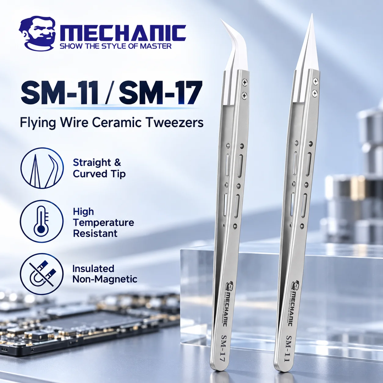 MECHANIC SM-11 SM-17 Ceramic Tip Tweezers Straight Curved Anti-Static High Temperature Resistant for PCB BGA Flying Wire Repair
