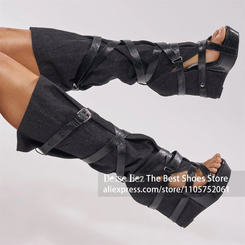 블랙 데님 웨지 힐 니하이 글래디에이터 부츠 크리스크로 - Knee High Boots Women 리뷰 및 가격