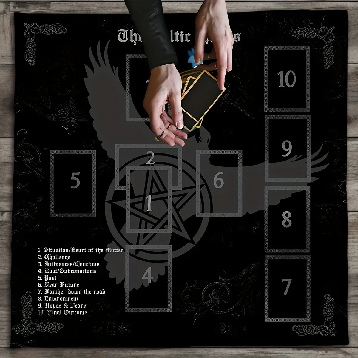 Raven Pentagram Celtic Cross Tarot Altar Cloth, Divination Mat for Witchcraft, Astrology and Halloween Decor