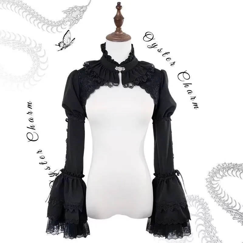 Japanese Gothic Y2k Lolita Cardigan Blouses Women Puff Sleeve Lace Patchwork Goth Dark Cropped Shirts Harajuku Punk Capes Tops
