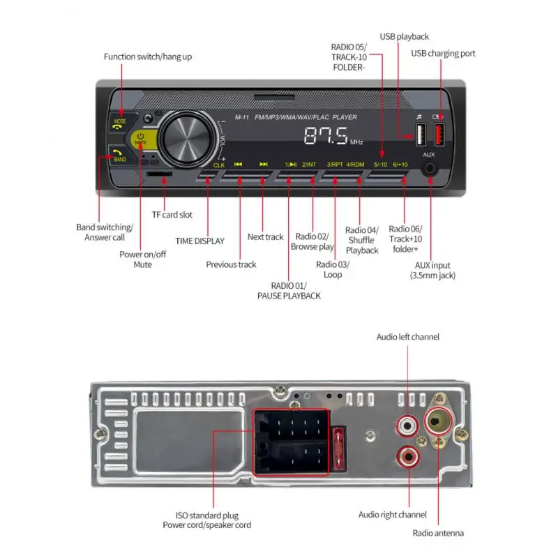 مشغل MP3 للسيارة M11 مشغل ستيريو راديو السيارة الرقمي Bluetooth5.0 Al صوت FM موسيقى USB مع إدخال AUX للتحكم عن بعد