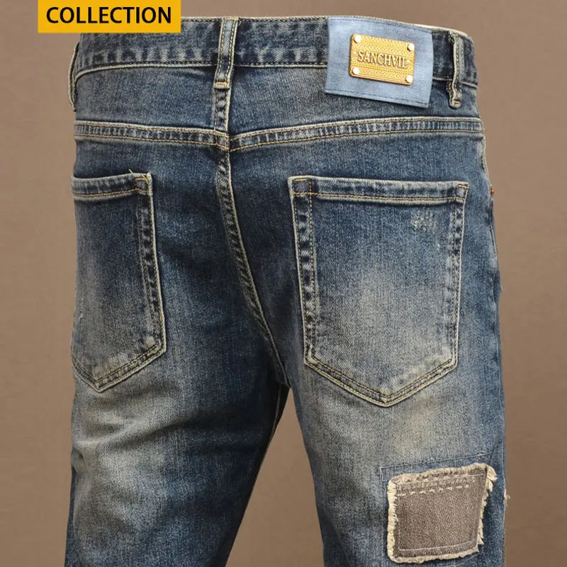 Italian fashion new men's jeans patch washed nostalgic stretch slim fit light blue jeans designer retro patchwork pants hombre - Image 5